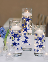 50 Blue Floating Stars-Sparkling Large Size-Makes 1 Gallon for Your Vases-Including Transparent Floating Gels Kit-Option 3 Submersible LED Fairy Lights Strings with Hidable and Submersible Battery