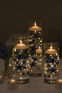 50 Blue Floating Stars-Sparkling Large Size-Makes 1 Gallon for Your Vases-Including Transparent Floating Gels Kit-Option 3 Submersible LED Fairy Lights Strings with Hidable and Submersible Battery