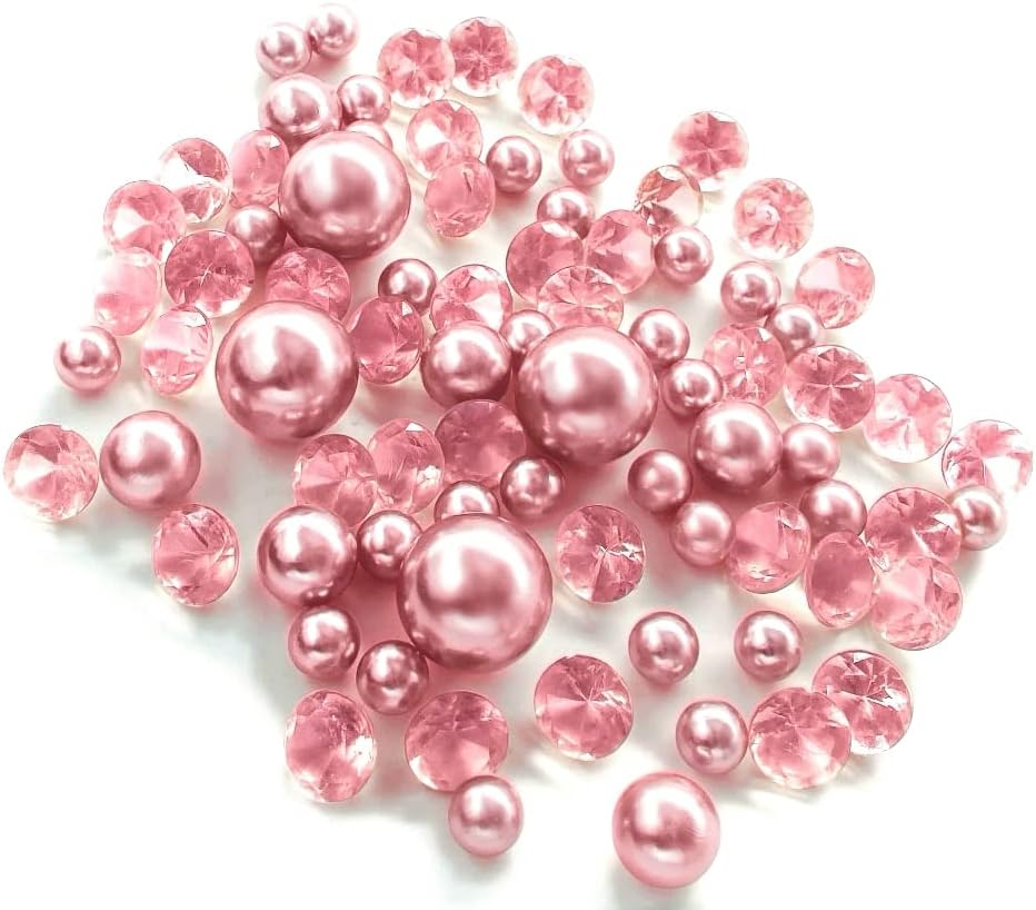 120 perlas rosadas y blancas "flotantes" con detalles de gemas brillantes, tamaño gigante sin agujeros y varios tamaños para decoración de jarrones y esparcidos de mesa