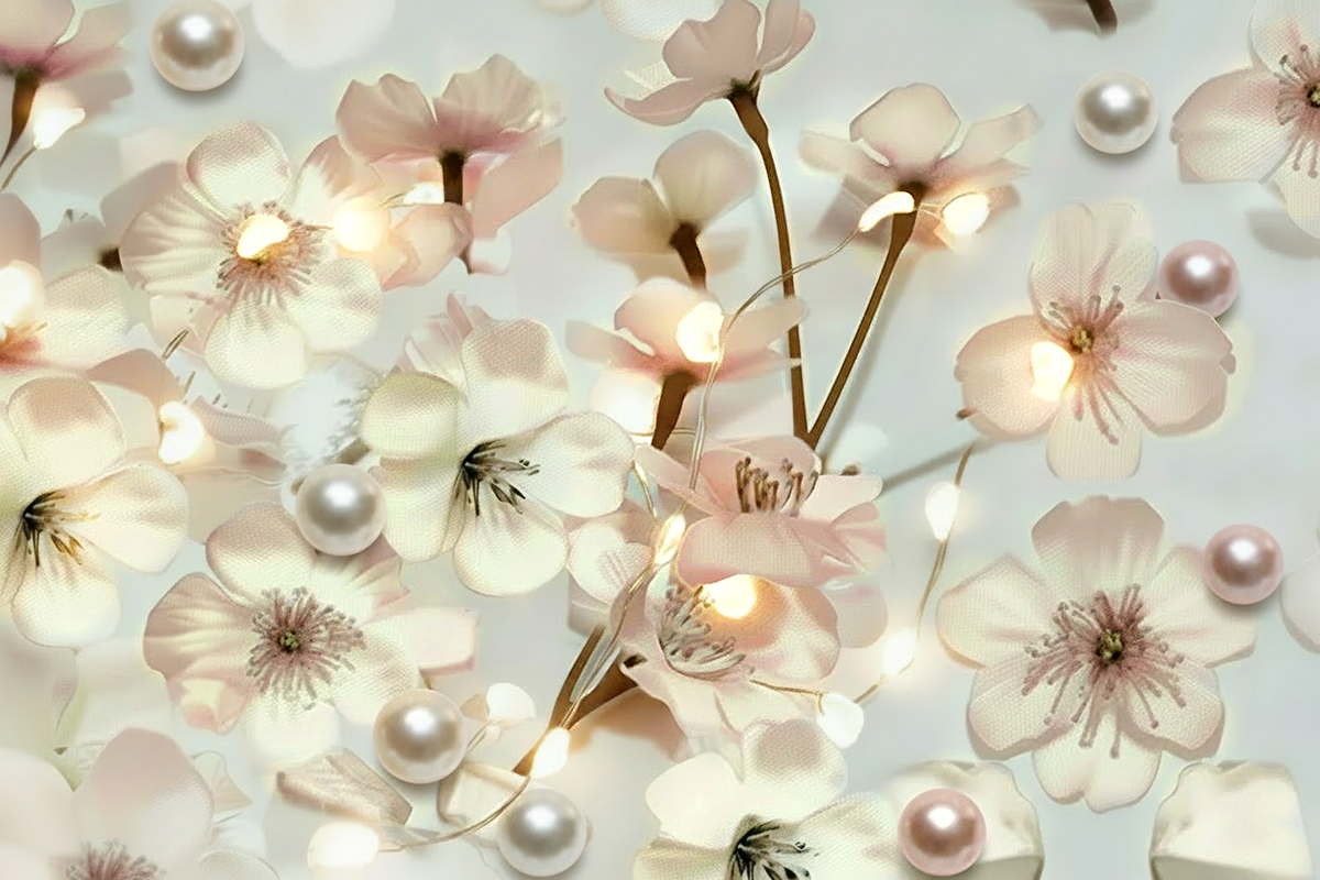 60 Floating Ivory White Light Pink Cherry Blossoms Flowers- Matching Pebbles & Pearls- Fills 1 Gallon of the Floating Transparent Water Gels for Your Vases- With Exclusive Measured Prep Bag- And Option of 3 Submersible Fairy Lights Strings