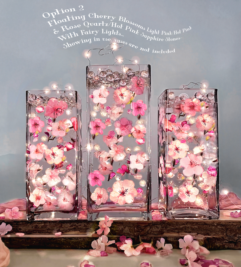Flores de cerezo rosadas flotantes Flores de seda y cristal de mar rosa de cuarzo rosa-Cada una llena 1 galón para sus jarrones-Con kit de geles flotantes con bolsa de preparación medida-Opción de luces de hadas sumergibles-Decoraciones de jarrón