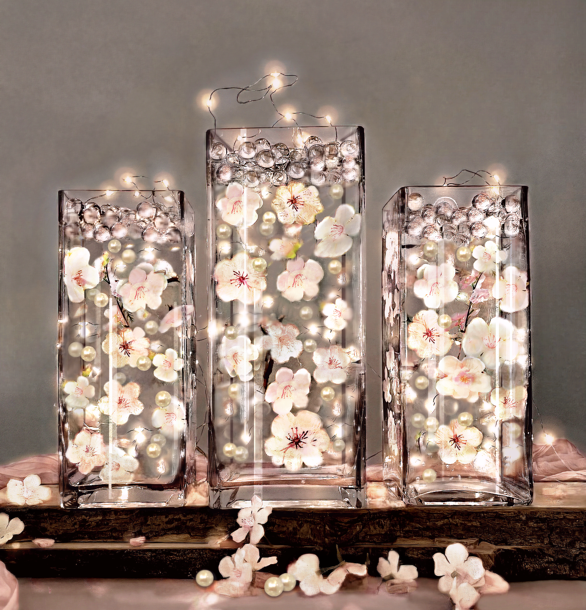 60 Floating White/Ivory/Pink Cherry Blossoms Flowers with Matching Pearls or Tumbled Glass-Fills 1 Gallon of Floating Gels for the Floating Effect-With Exclusive Measured Floating Prep Bag-Option:3 Submersible Fairy Lights Strings