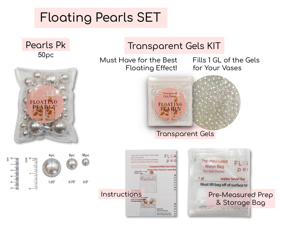 50 Floating Ivory/Off White Pearls-Shiny-Jumbo Sizes-Fills 1 Gallon of Floating Pearls & Crystal Clear Gels for the Floating Effect-With Exclusive Measured Gels Prep Bag-Option 3 Submersible Fairy Lights Strings