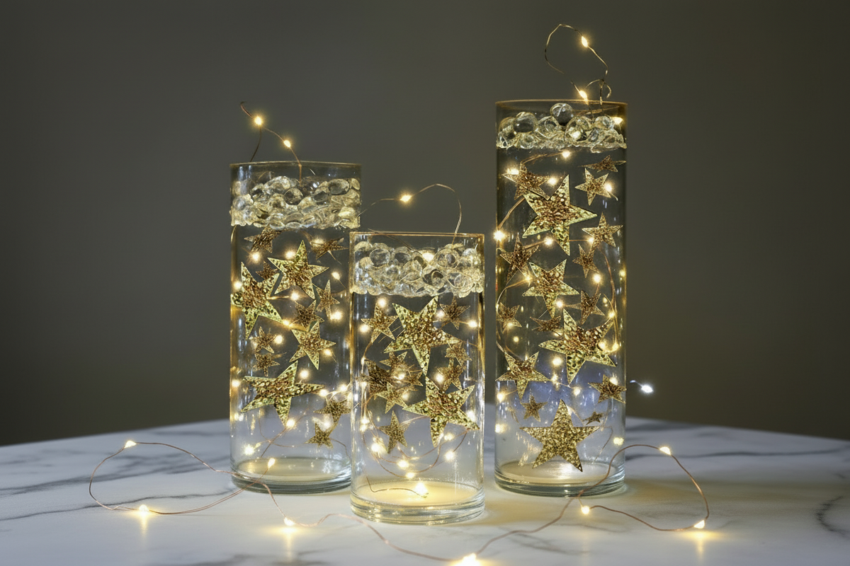 Three glass containers with star decorations and string lights on a dark background