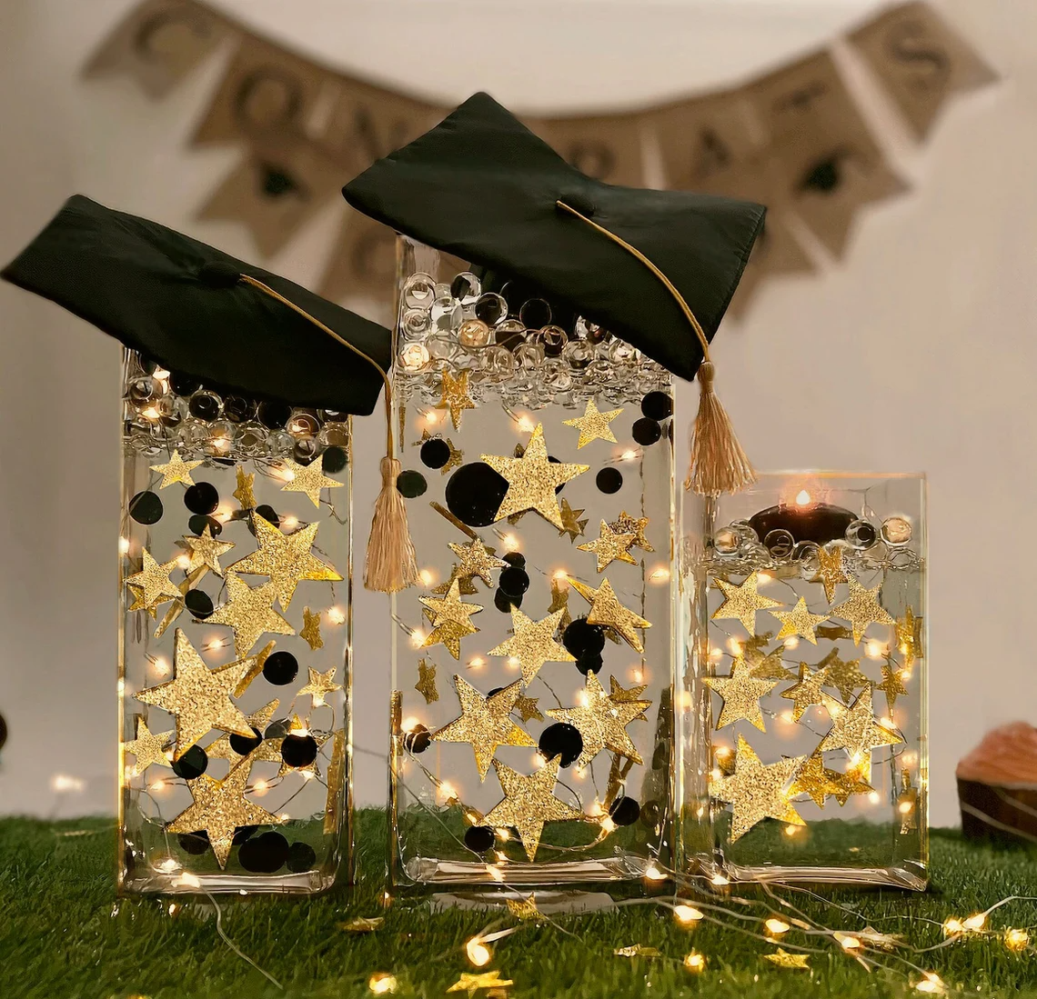 Floating Stars Glitter Gold-Large Sizes-Fills 1 GL for Your Vases-Including Transparent Water Gels Kits for Floating Look-Option of Submersible Fairy Lights-Stunning Vase Decorations