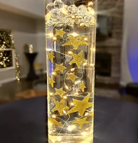 Floating Glowing Gold Stars-Large Sizes-Fills 1 Gallon of Floating Stars and Crystal Clear Floating Gels for Vases-Including Measured Prep Bag-Option of Submersible Fairy Lights Strings