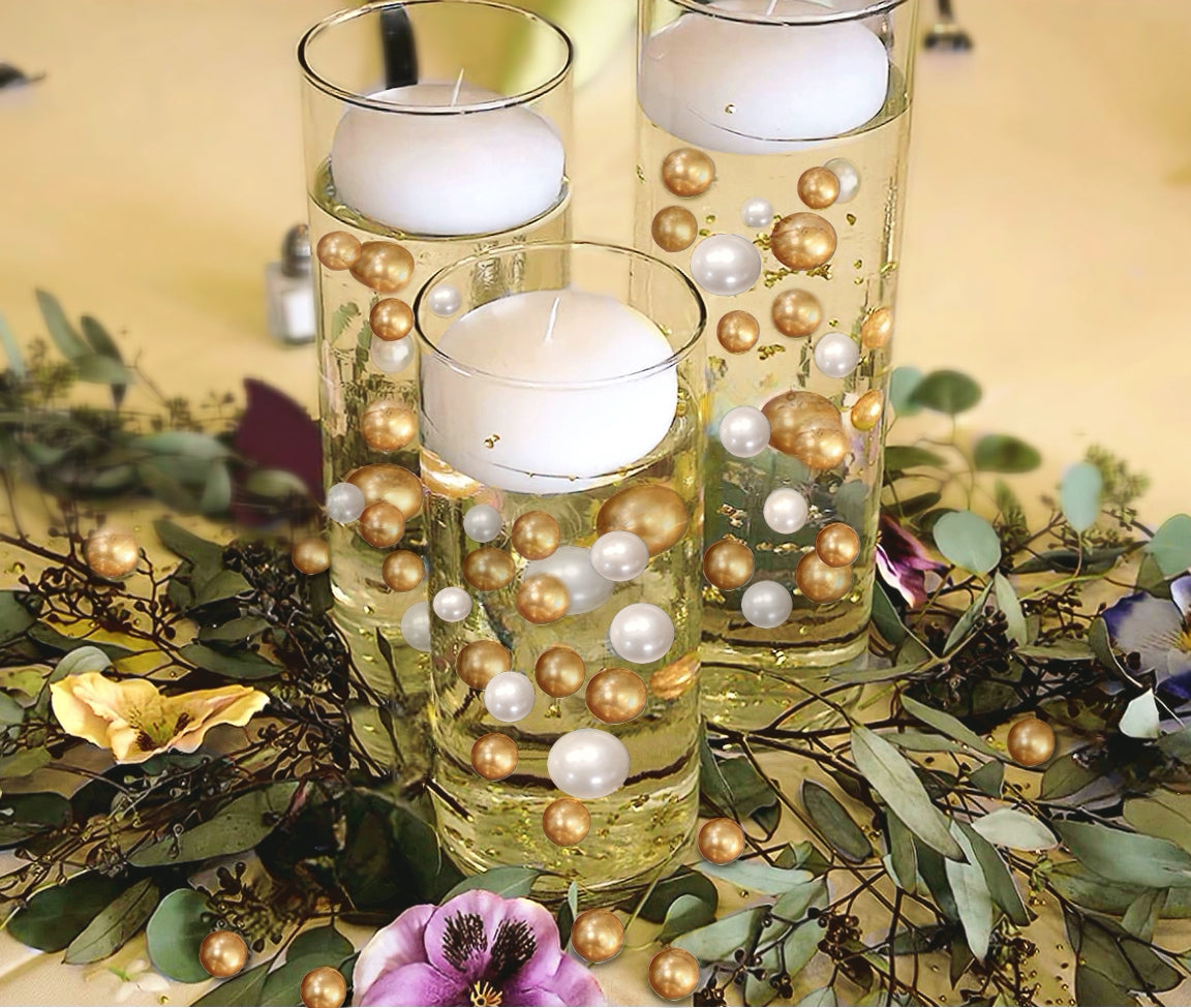 Floating Pearls Gold & White-Shiny-Jumbo Sizes-1 Pk Fills 2 Gallons for  Your Vases-With Exclusive Transparent Water Gels Measured Floating Kit-No