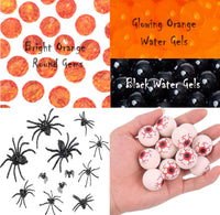 70 Floating Spiders and Orange & Black Round Gels Effects- Fills 1 Gallon for Your Vases- With Options of 6 Floating Eyeballs
