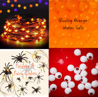 40-50 Floating Halloween Bright Orange & Black Gels Color Effects-Options: Spiders-Vibrant Orange Gems-3 Fully Submersible Fairy Lights-1 Pk Fills 1 Gallon of Gels for the Floating Effect for your vases-With Measured Gels Kit-Vase Decorations