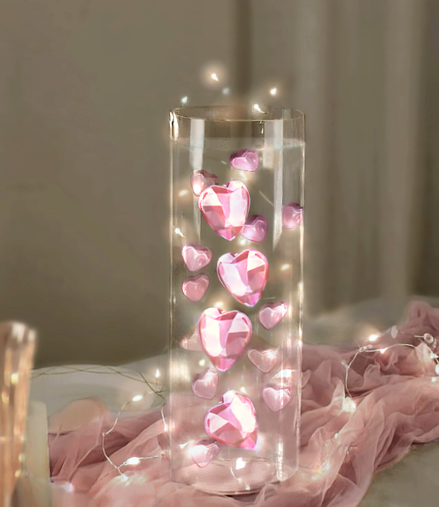 Floating Crystal Blush Pink Hearts-Fill 1 Gallon of Transparent Gels for the Floating Effect-With Measured Gels Prep Bag-Option of 3 Submersible Fairy Lights Strings