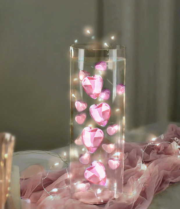 30 Floating Large Crystal Blush Pink Hearts-Fill 1 Gallon of Transparent Gels for the Floating Effect-With Measured Gels Prep Bag-Option of 3 Submersible Fairy Lights Strings