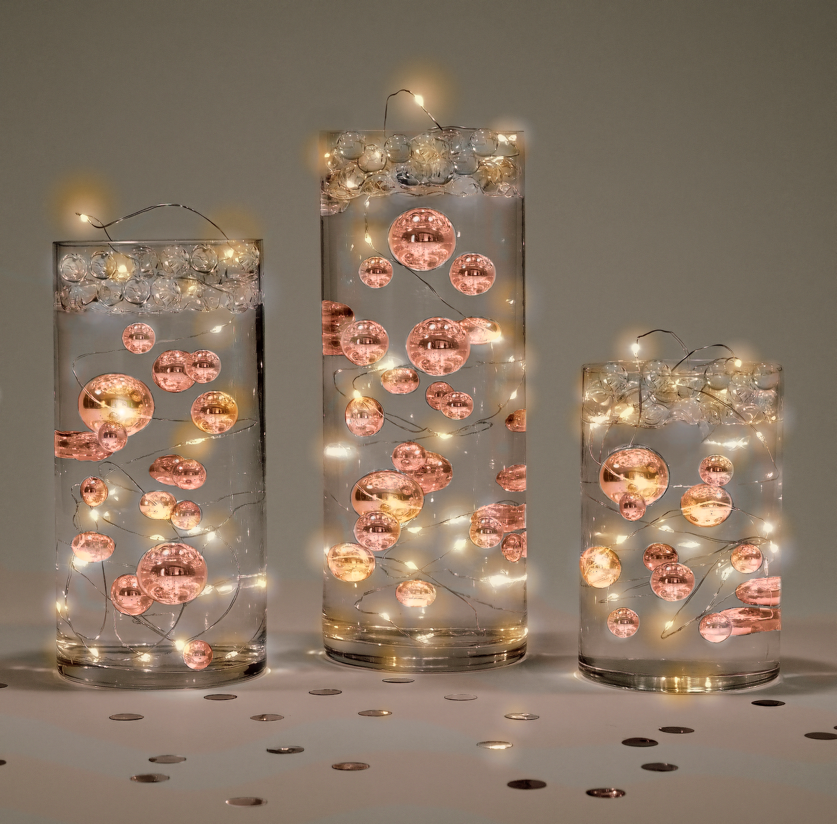 Perlas de oro rosa metálicas flotantes - Con opción de luces de hadas - Tamaños gigantes y surtidos - Decoraciones de jarrones