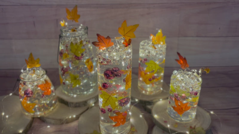 70 Floating Shades of Realistic Fall Leaves-Flowers-Pearls-Pebbles-1 Pk Fills 1 Gallon-With Must Have Transparent Water Gels Measured Floating Kit-Options: 3 Submersible Fairy Lights-6 Sunflowers-Vase Decorations