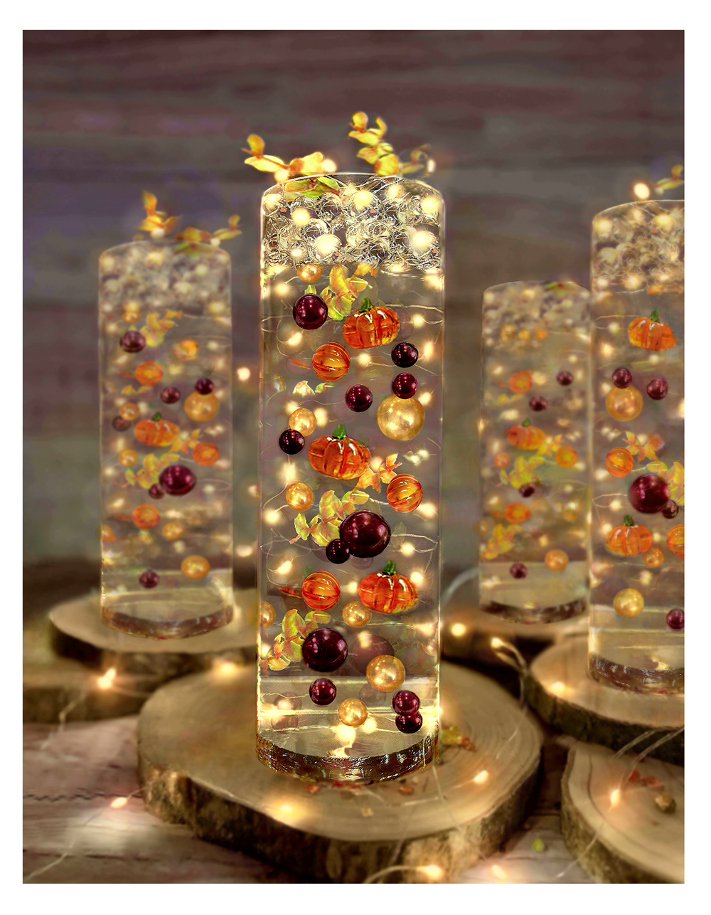 50 Floating Fall Thanksgiving Pumpkins, Leaves & Pearls- With Transparent Water Gels Fills 1 Gallon for Your Vases- Option 3 Submersible LED Fairy Lights Strings with Hidable and Submersible Battery