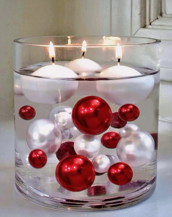 100 Floating Red and White Pearls-Shiny-Jumbo Sizes-Vase Decorations and Table Scatter - Option 3 Submersible Fairy Lights Strings