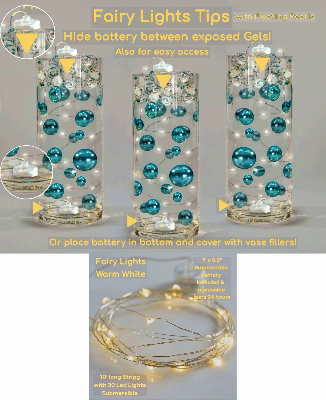 "Floating" Gold Pearls - Shiny - 1 Pk Fills 1 Gallon of Gels for Floating Effect - With Measured Gels Kit - Option 3 Fairy Lights - Vase Decorations