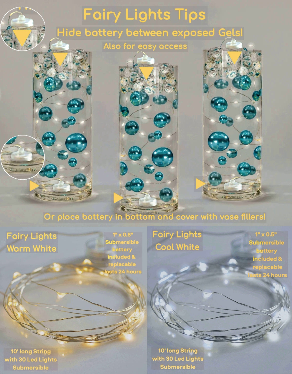 Floating Silver Pearls-Fills 1 Gallon of Floating Pearls & Transparent Gels for the Floating Effect-With Measured Gels Prep Bag-Option 3 Submersible Fairy Lights Strings