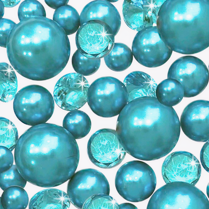 100 "Floating" Turquoise Blue Pearls and Gems No Hole Jumbo & Assorted Sizes Vase Decorations + Includes Transparent Water Gels for Floating the Pearls