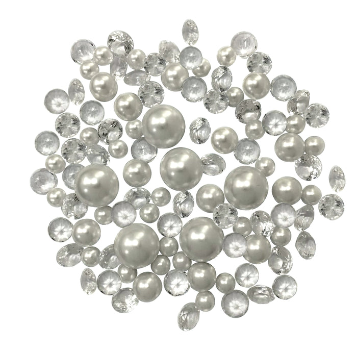 100 "Floating" White Pearls and Matching Gems-Shiny-Jumbo Sizes-Fills 2 Gallons for Your Vases-With Transparent Water Gels Floating Kit-Option: 6 Submersible Fairy Lights Strings