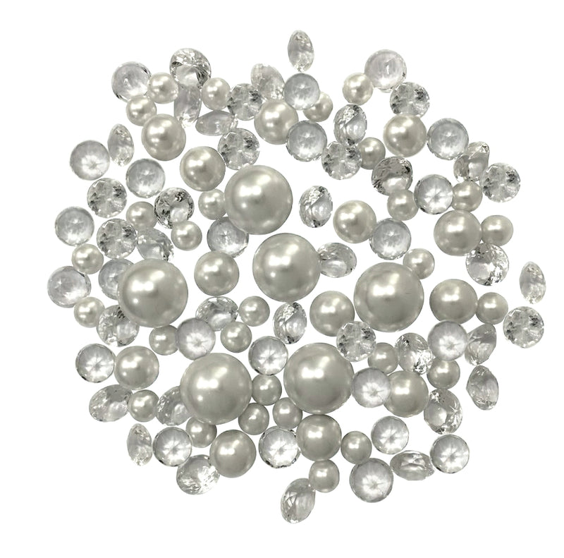 120 perles blanches "flottantes" et accents de pierres précieuses scintillantes - Décorations de vase sans trou/tailles assorties et dispersion de table