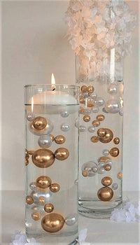 Floating Pearls Gold & White-Shiny-Jumbo Sizes-1 Pk Fills 2 Gallons for Your Vases-With Exclusive Transparent Water Gels Measured Floating Kit-No Guessing-Best Results-Option of 6 Fairy Lights-Vase Decorations