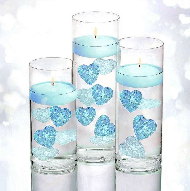 Floating Crystal Blue Hearts - Large 1.75"ea - Fills 1 GL For Your Vases - With Transparent Gels Measured Kit For The Floating effect - Vase Centerpiece Decorations