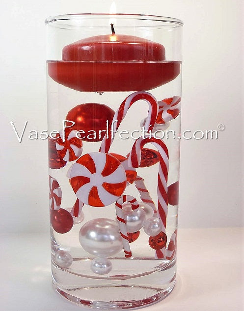 50 Floating Christmas Red/White Peppermints-Candy Canes-Pearls-Fills 1 Gallon-With Measured Transparent Gels Floating Kit-Option:FairyLights