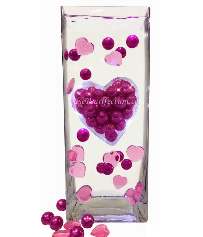Corazón flotante extra jumbo con perlas de color rosa intenso y gemas de corazón: decoraciones de jarrón de bricolaje y dispersión de mesa
