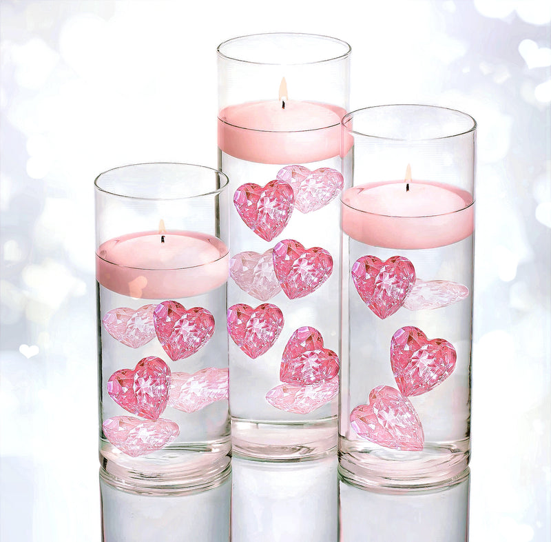 Floating Sparkle Pink Hearts Centerpiece Decorations - 1.75"ea -  1 Pk Fills 1 GL for Your Vase - With Transparent Gels Measured Kit for the Floating effect