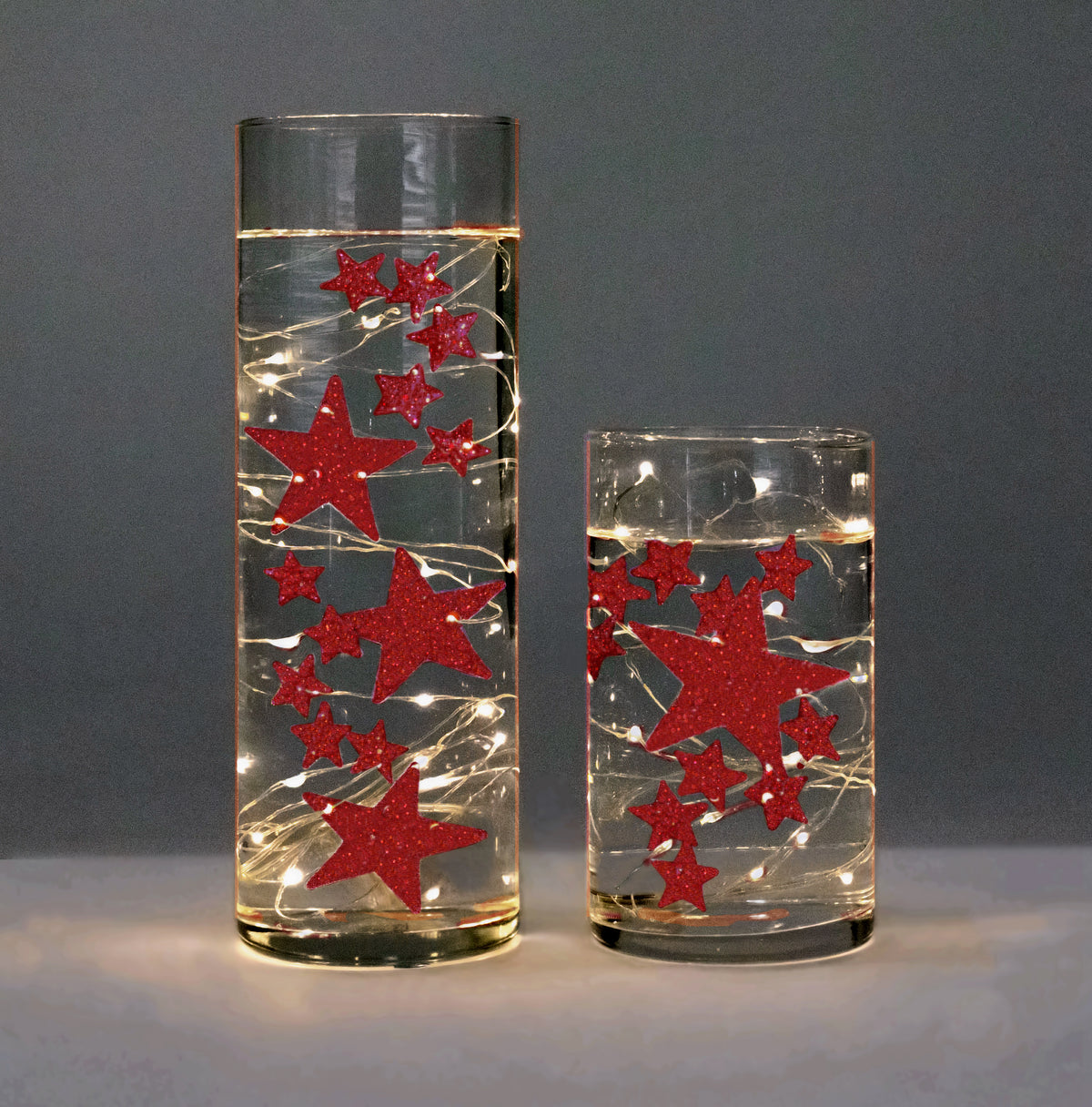 Floating Red Sparkling Stars-Large Sizes-Fills 1 Gallon for Your Vases-With Option: 3 Submersible Fairy Lights-Vase Decorations
