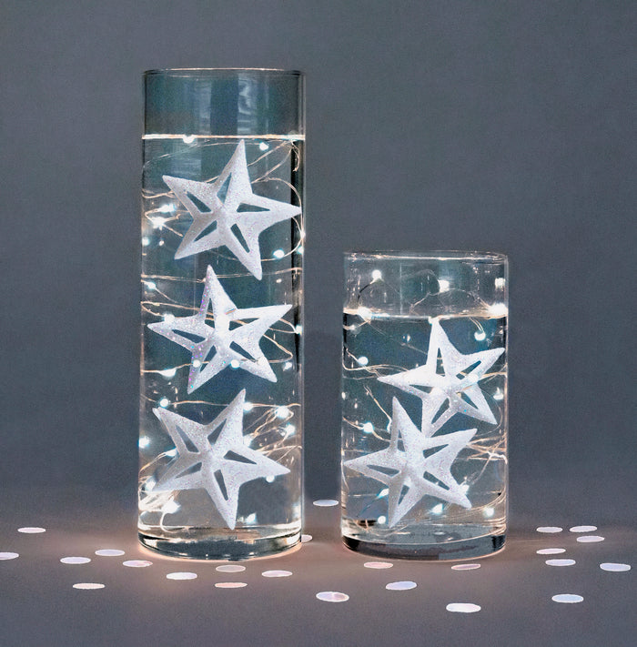 Étoiles scintillantes blanches "flottantes" avec option de guirlandes lumineuses submersibles - Décorations de vase - Dispersion de table