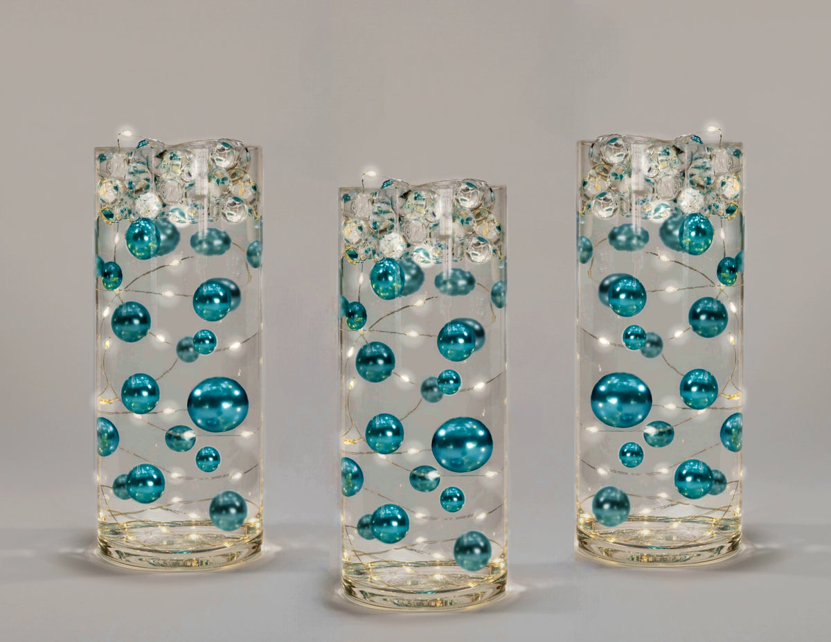 50 Floating Pearls Turquoise Blue-Fills 1 Gallon of Transparent Gels for The Floating Effect-With Measured Gels Prep Bag-Option of 3 Fairy Lights Strings