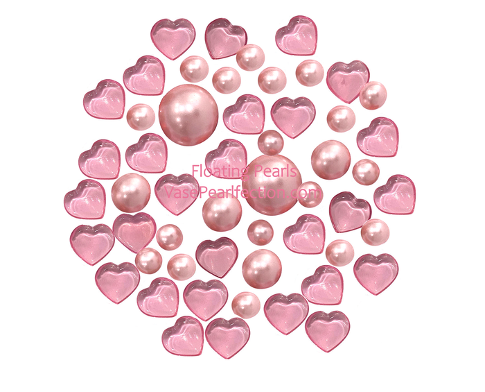 Floating Valentine Light Pink Heart Gems & Matching Pearls- Vase Decorations - Table Scatter