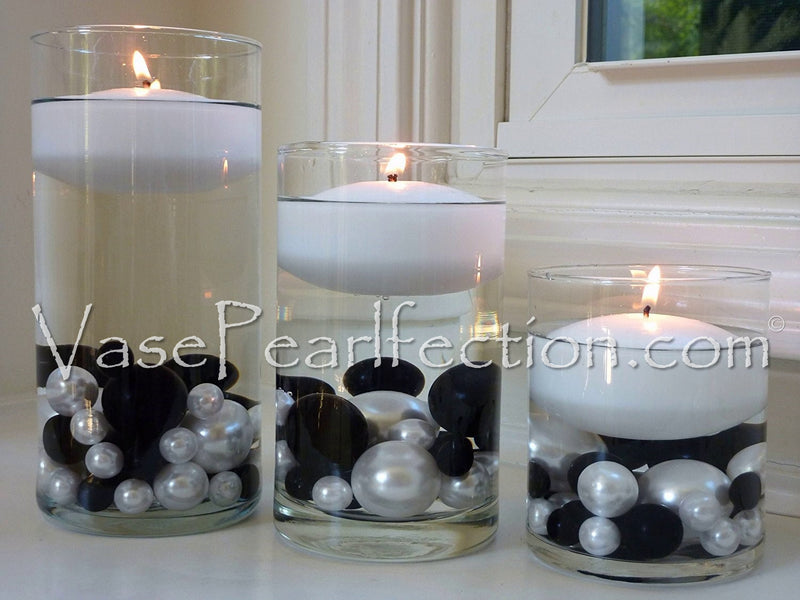 100 Floating Black & White Pearls-Shiny-Jumbo Sizes-Fills 2 Gallons of Transparent Gels for Floating Effect-With Measured Gels Kit-Vase Decorations