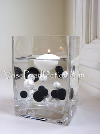 200 Floating Black & White Pearls-Matching Gems Accents-Jumbo Sizes-Fills 2 Gallons of the Transparent Gels for the Floating Effect-With Measured Gels Kit-No Guessing-Vase Decoration-Table Scatters