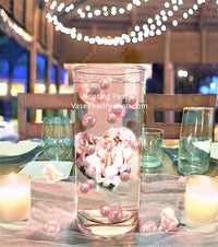 Gran corazón "flotante" lleno de hortensias rosa claro y perlas - Decoración de jarrones