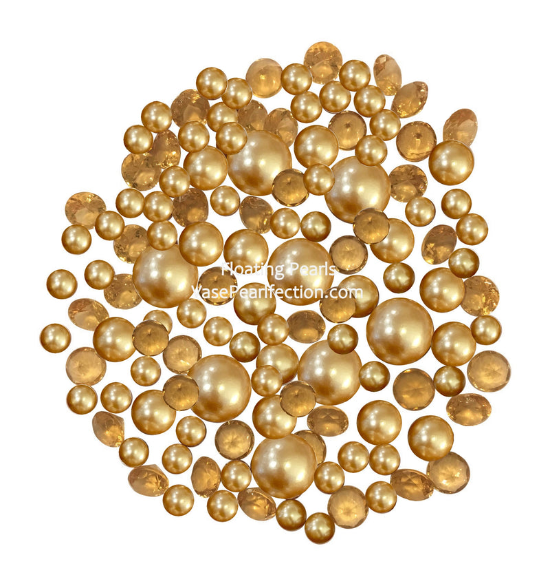 120 "Floating" Gold Pearls & Matching Sparkling Gem Accents - No Hole Jumbo & Assorted Sizes Vase Decorations and Table Scatters