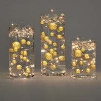 1 GL Floating Gold Glitter Pearls with Option of Submersible Fairy Lights - with Pre-Measured Prep & Storage Bags - Vase Decorations