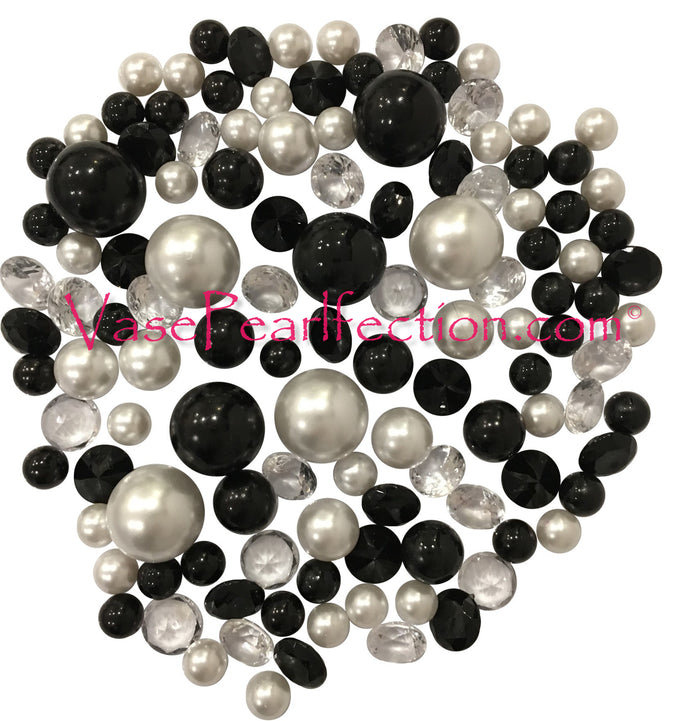 120 „schwebende“ schwarze und weiße Perlen mit passenden Edelsteinakzenten – keine Löcher, Jumbo/verschiedene Größen, Vasendekorationen und Tischdekorationen