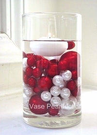 250 "Floating" Red & White Pearls & Matching Sparkling Gem Accents - With Measured Gels Kit - Option 12 Fairy Lights - Vase Decorations