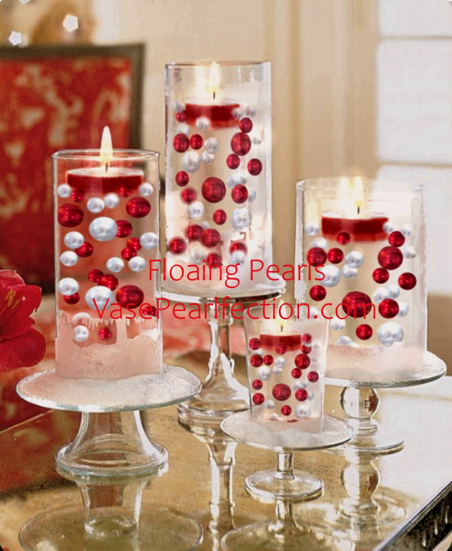 130 "Floating" Red and White Pearls with Sparkling Gem Accents - No Hole Jumbo/Assorted Sizes Vase Decorations and Table Scatter